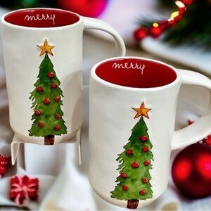 Rae Dunn MERRY Christmas Tree Mugs Set/2 with Red Interior - FIRM